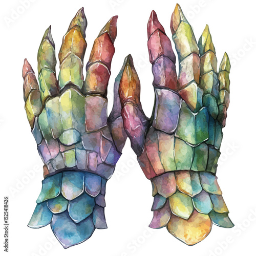 watercolor of Dragon Scale Gloves, vector high quality, isolated on a white background.
