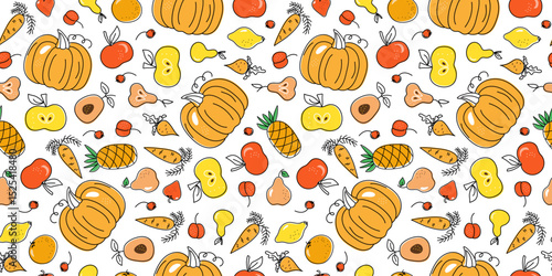 A pattern of vegetarian food, a set of vegetables, fruits, berries. Harvest festival. Drawings, doodle. Local farmer's market and dietary concept.