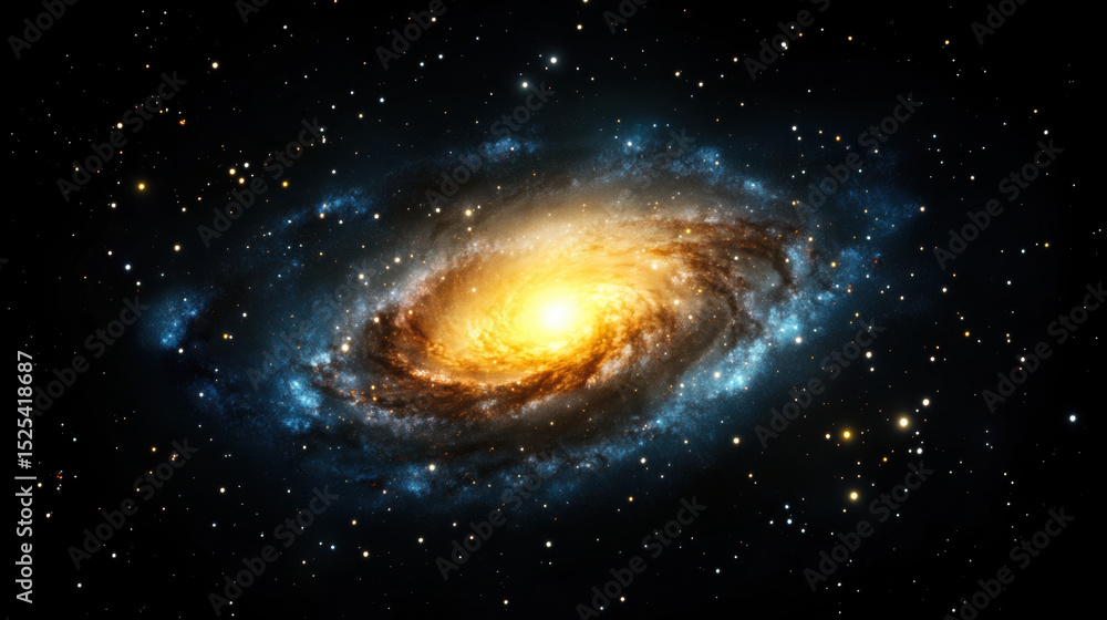 Fototapeta premium Glowing golden nebula swirls into mesmerizing galaxy spiral arm, surrounded by countless stars in vastness of space, evoking sense of wonder and cosmic beauty