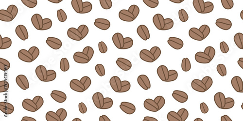 Pattern. Coffee beans in the shape of a heart. Seamless background. International Coffee Day. Vector graphics. Flat illustration.