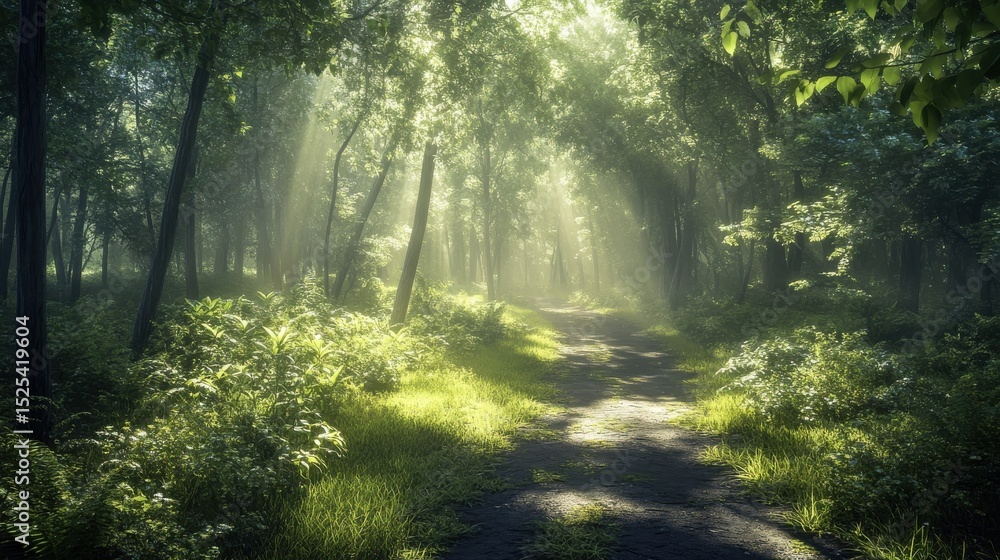 Obraz premium Sunlit path through lush green forest. (7)