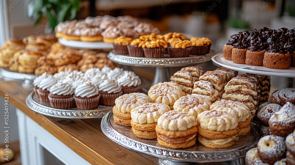 Bakery counter filled with an assortment of pastries, cookies, cakes, and muffins on silver trays. A colorful display of sweet desserts ready for sale in a warm, inviting local store environment.
Bakery counter filled with an assortment of pastries, cookies, cakes, and muffins on silver trays. A colorful display of sweet desserts ready for sale in a warm, inviting local store environment.