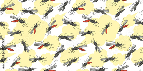 Mosquito pattern, flying insects. Extermination, insect repellent spray. Mosquito repellent spray. Hand drawn illustration, doodle. Malaria prevention concept, hygiene, health. Seamless background.