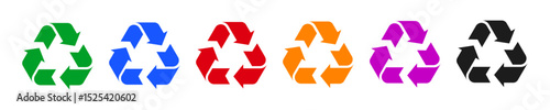 Recycle symbols for organic, paper, glass, plastic, mixed and metal waste, recycling waste signs