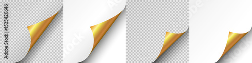 Blank page with curled edge corner and shadow, rolled up stickers, peel banners, bent sheet, curled page corner isolated on transparent and white background, page curl with shadow on blank sheet