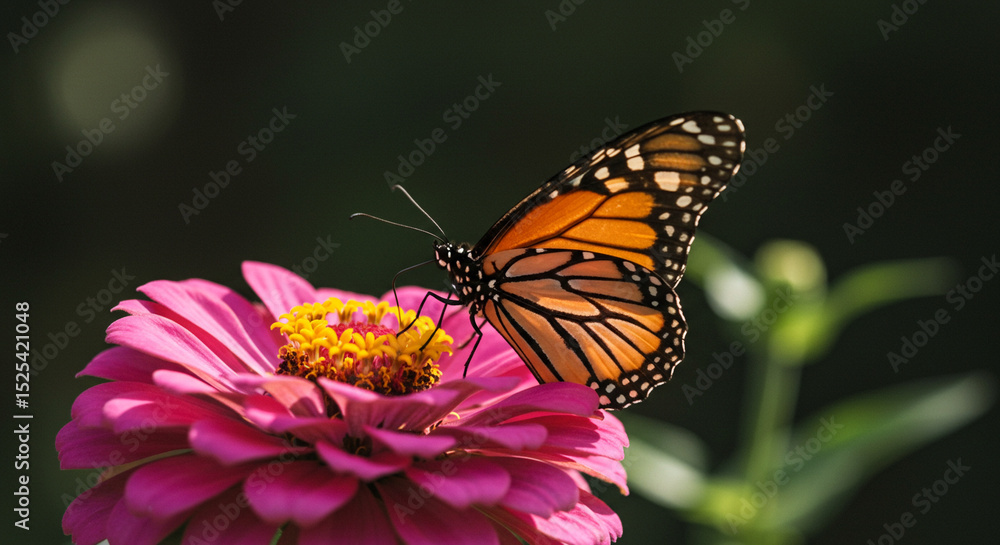 Fototapeta premium Monarch butterfly sitting on vibrant pink flower in natural setting 