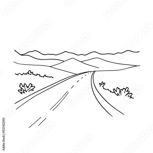 Hand-drawn illustration of a scenic winding road with mountains and simple natural landscape elements
