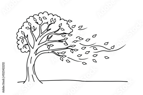 A simple black and white illustration of a tree blowing in the wind