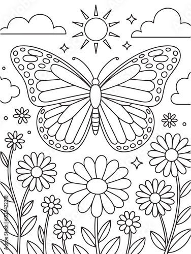 Butterfly flying over blooming flowers with sun coloring page design