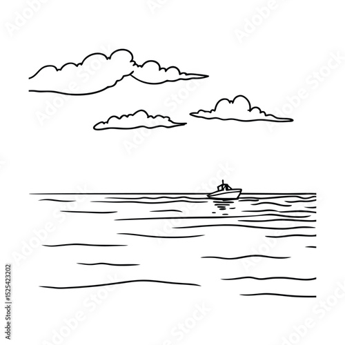 Simple black and white line art illustration of a boat on the sea under clouds