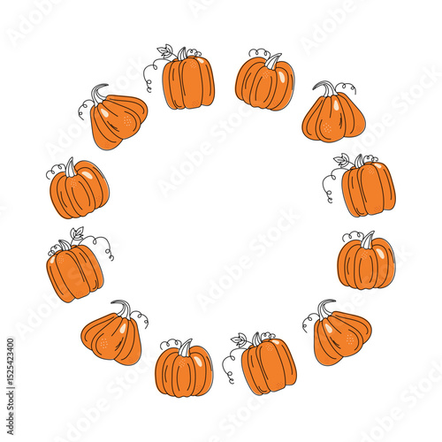 Pumpkin, round frame, harvest vegetables. Banners, posters with space for text. Harvest festival, Halloween. Drawing, doodle. Diet vegetarian natural food, isolated background.