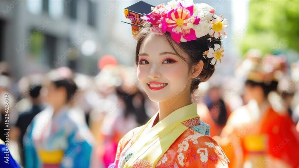 Smiling woman in traditional Japanese attire, adorned with floral headpiece, amidst a crowd Smiling woman in traditional Japanese attire, adorned with floral headpiece, amidst a crowd