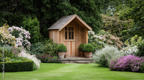 cozy tiny house nestled in lush garden surrounded by vibrant greenery and colorful flowers