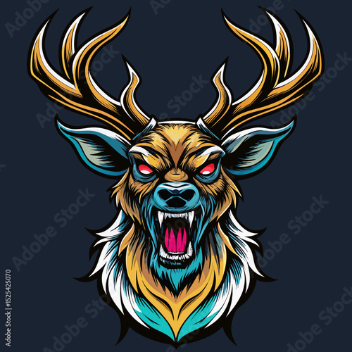 angry Deer realistic  design and bold line black , white background ,full  color