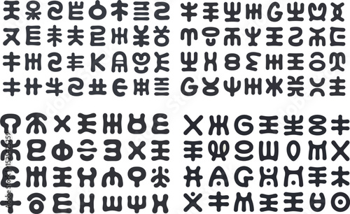 a large collection of black abstract symbols or glyphs. The unique shapes resemble stylized letters or characters from an unknown script.