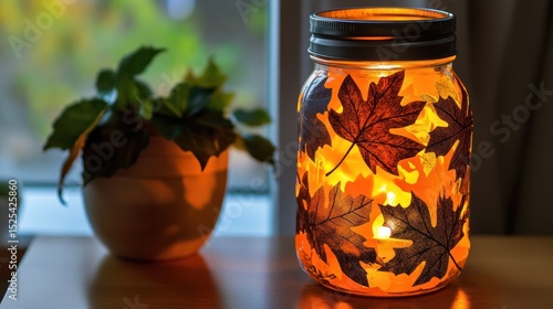 Autumn Mason Jar Lantern with Leaves
