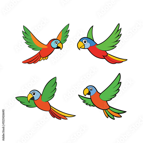Set of flying colorful parrot vector art illustration