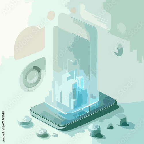 A stylish 3D glassmorphism user interface illustration featuring floating translucent UI elements, including profile icon, settings panel, smartphone, and data charts. Set against a soft white and min