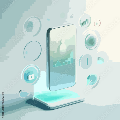A stylish 3D glassmorphism user interface illustration featuring floating translucent UI elements, including profile icon, settings panel, smartphone, and data charts. Set against a soft white and min