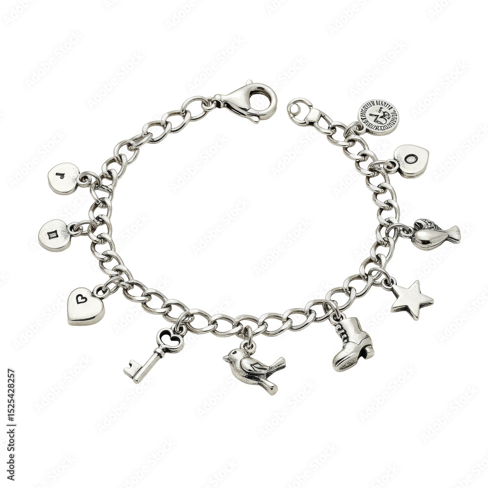 A polished silver charm bracelet with a delicate chain and detailed charms (heart, key, bird, star, boot), on a transparent surface with bright, even lighting, no shadows, commercial jewelry A polished silver charm bracelet with a delicate chain and detailed charms (heart, key, bird, star, boot), on a transparent surface with bright, even lighting, no shadows, commercial jewelry