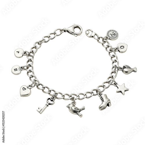 Wallpaper Mural A polished silver charm bracelet with a delicate chain and detailed charms (heart, key, bird, star, boot), on a transparent surface with bright, even lighting, no shadows, commercial jewelry Torontodigital.ca