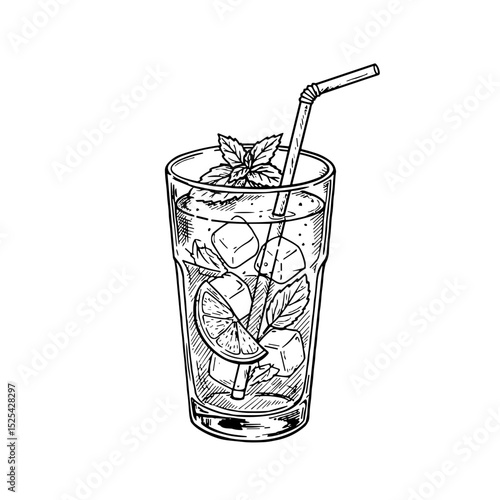 Mojito cocktail glass with ice, lime, and mint illustration for refreshing summer drinks