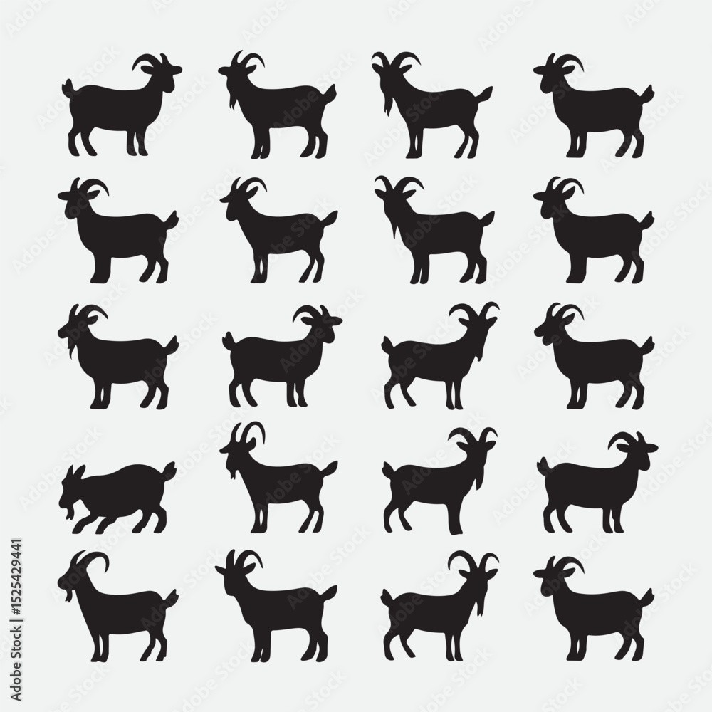 Fototapeta premium Set of varied goat silhouettes showcasing unique poses and minimalistic black design
