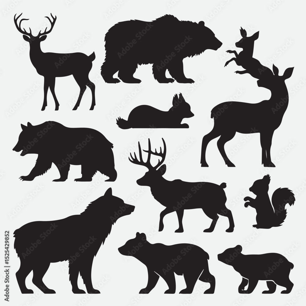Minimalistic black animal silhouettes arranged in grid showing various poses and species Minimalistic black animal silhouettes arranged in grid showing various poses and species