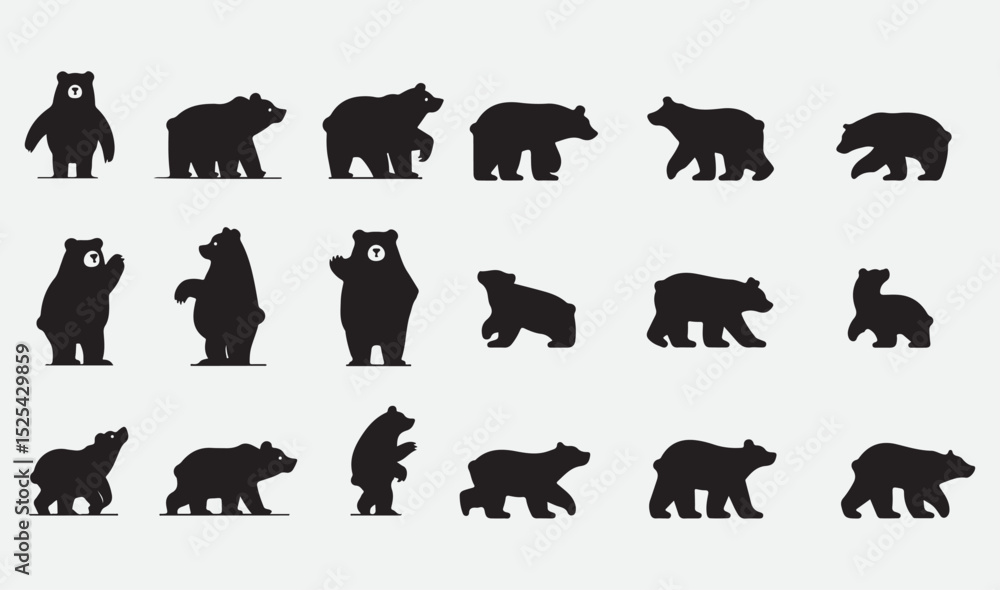 Fototapeta premium Set of black bear silhouettes in various upright and walking poses on white background