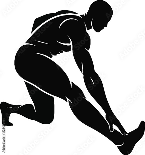 Powerful Silhouette of Athlete Stretching Leg Muscles Before or After Workout