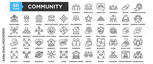 50 Community icon set. Containing design People Chat , Community Group, Group Chat, Teamwork , Community Building