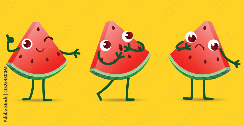 Obraz premium Set of funny characters made of watermelon pieces. Watermelons with emotions and different facial expressions. Cute fruits with different actions. Isolated vector character illustration.