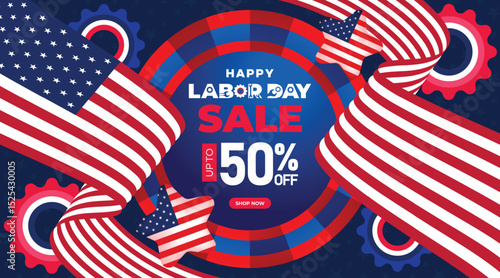 Dynamic Labor Day sale banner featuring bold text, gear motifs, and a red, white, and blue color scheme. Ideal for promotions