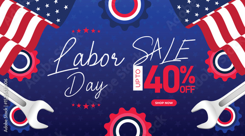 Celebrate Labor Day with a sale banner featuring tools, stars, and a festive red, white, and blue design. Perfect for digital marketing