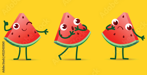 Set of funny characters made of watermelon pieces. Watermelons with emotions and different facial expressions. Cute fruits with different actions. Isolated vector character illustration.