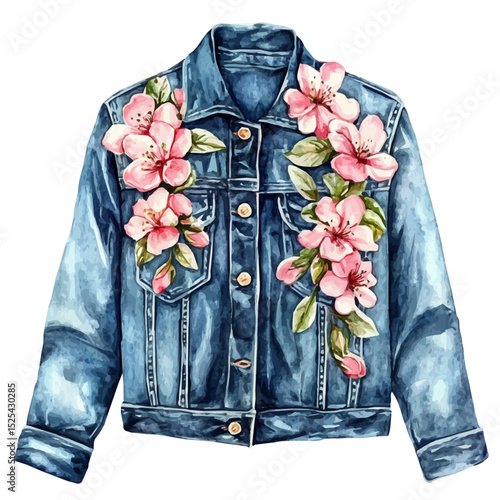 watercolor of Denim Jacket Blossom Shirt, vector high quality, isolated on a white background.