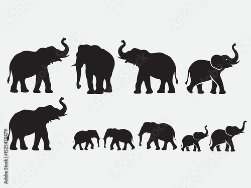 Black silhouette illustration set of adult and baby elephants in multiple walking and standing positions