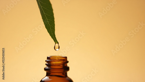Drops of essential oil coming from herbal leaves