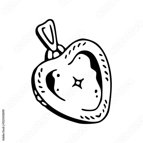 a black and white drawing of a heart shaped locket pendant 