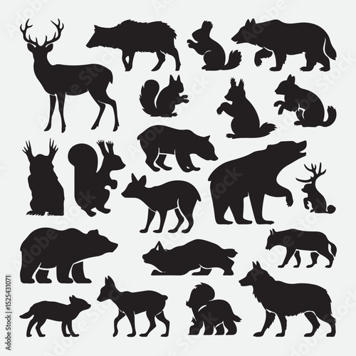 Black wildlife silhouettes collection with realistic and stylized animal shapes on white background