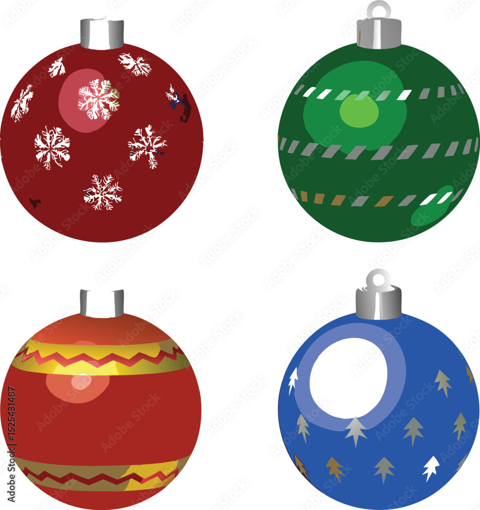Obraz premium Four Colorful Christmas Ornaments with Unique Designs on a White Background