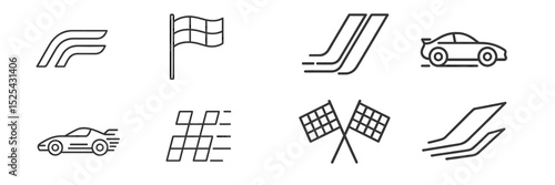 Symbols representing racing elements including cars, flags, and motion lines on a minimalistic background
