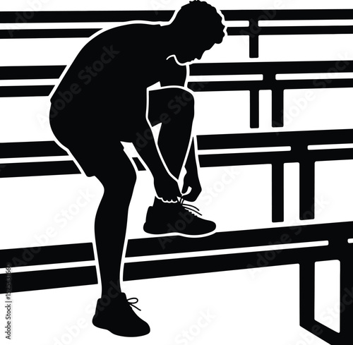 Athlete Tying Shoelaces on Bleachers Preparation for Competition