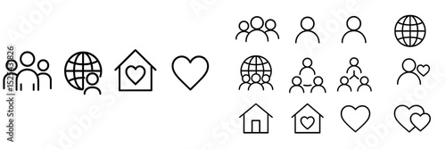Collection of diverse icons representing community, love, home, and global connections in minimalistic style