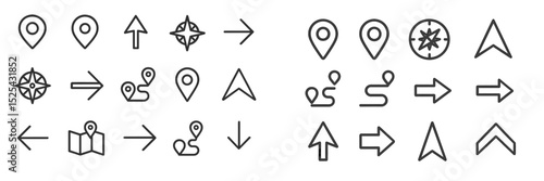 Symbols representing navigation and direction used in maps and applications for travel guidance