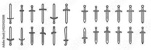 Variety of sword designs displayed in minimalistic style showcasing different shapes and sizes
