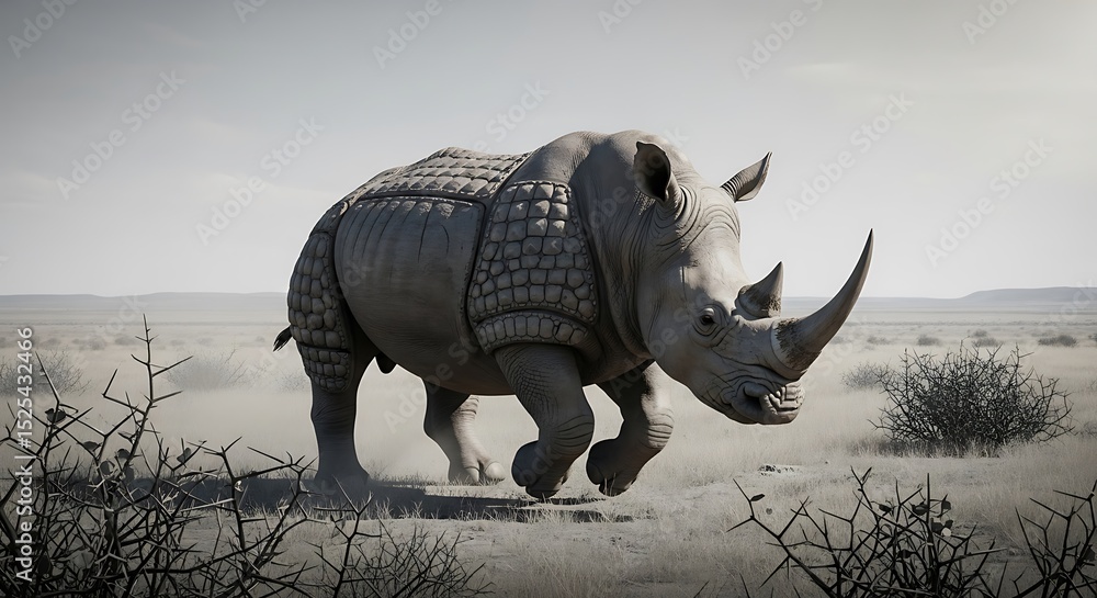 Fototapeta premium Rhino Charging Across Dry African Savanna Wildlife Conservation