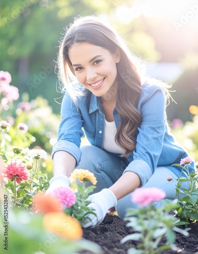 Young Woman in Casual Clothes Planting Flowers Outdoors, Sunny and Warm Setting
