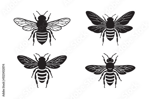 Honey Bee Black Icon Set – Vector Illustration of Bees with Wings