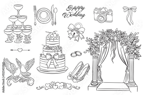 Set of wedding linear illustrations. Wedding icons of objects on the theme of marriage, wedding. Vector illustration objects - glasses, rings, arch, doves, menu, bow, invitation outline 